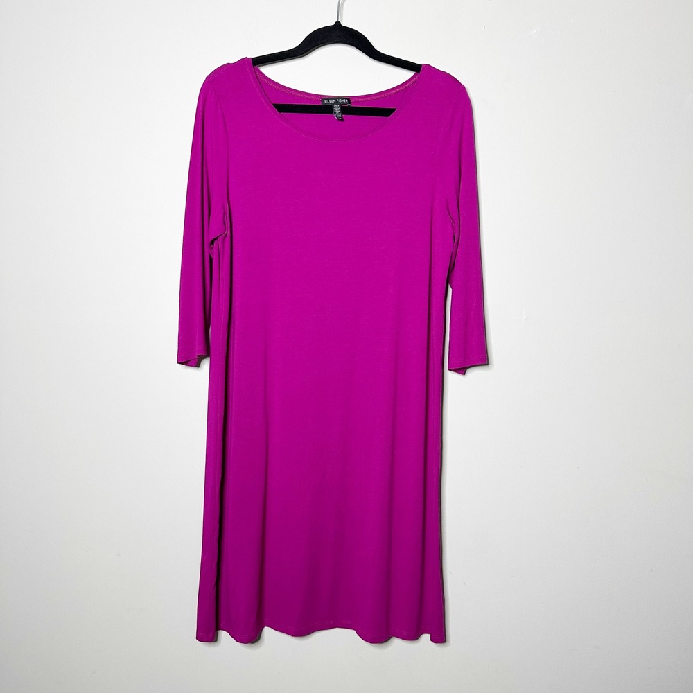 Eileen Fisher Viscose Stretchy Dress Women Medium Magenta Purple 3/4 Sleeve